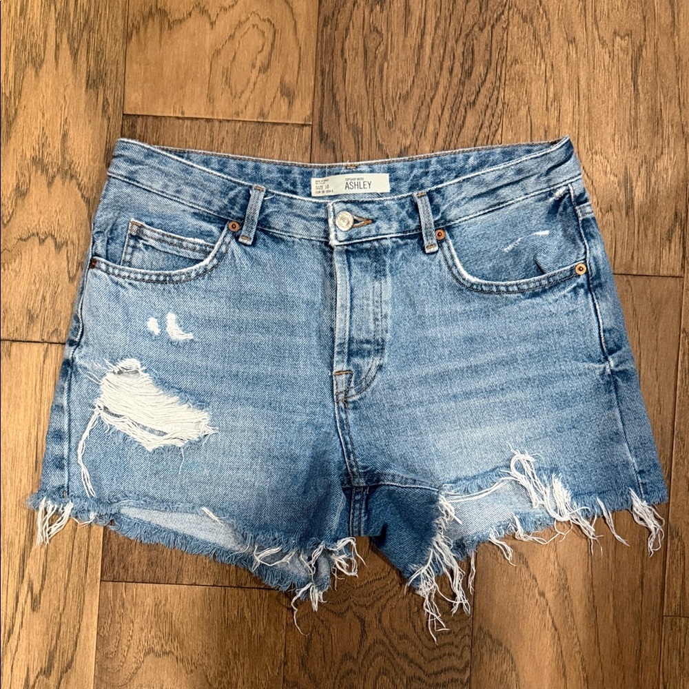 Topshop Moto Ashley Light Blue Distressed Denim Cutoff Shorts size 10